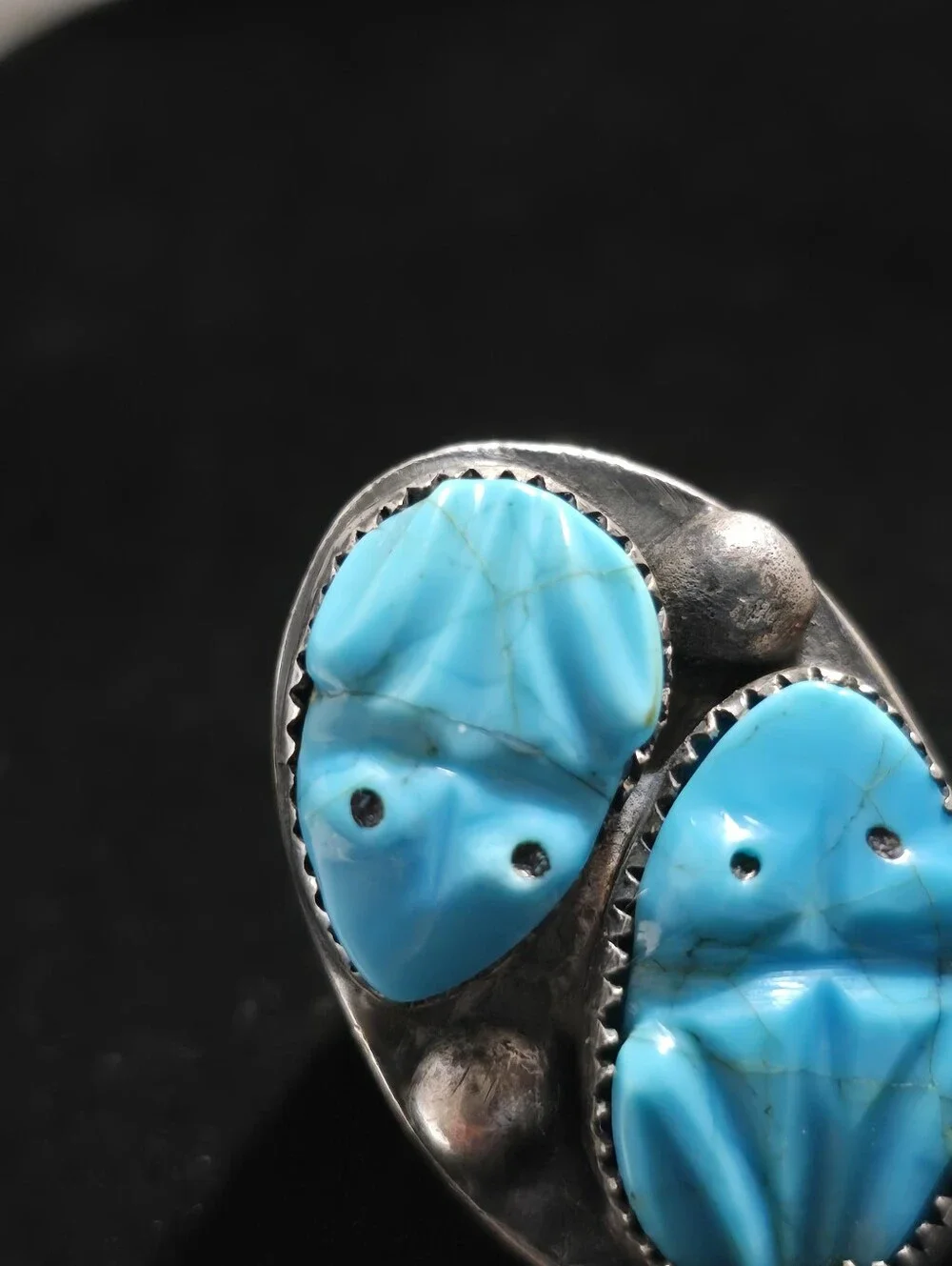 Vintage Native American Sterling Silver Carved Turquoise Ring Size 10.75 34.8 gr